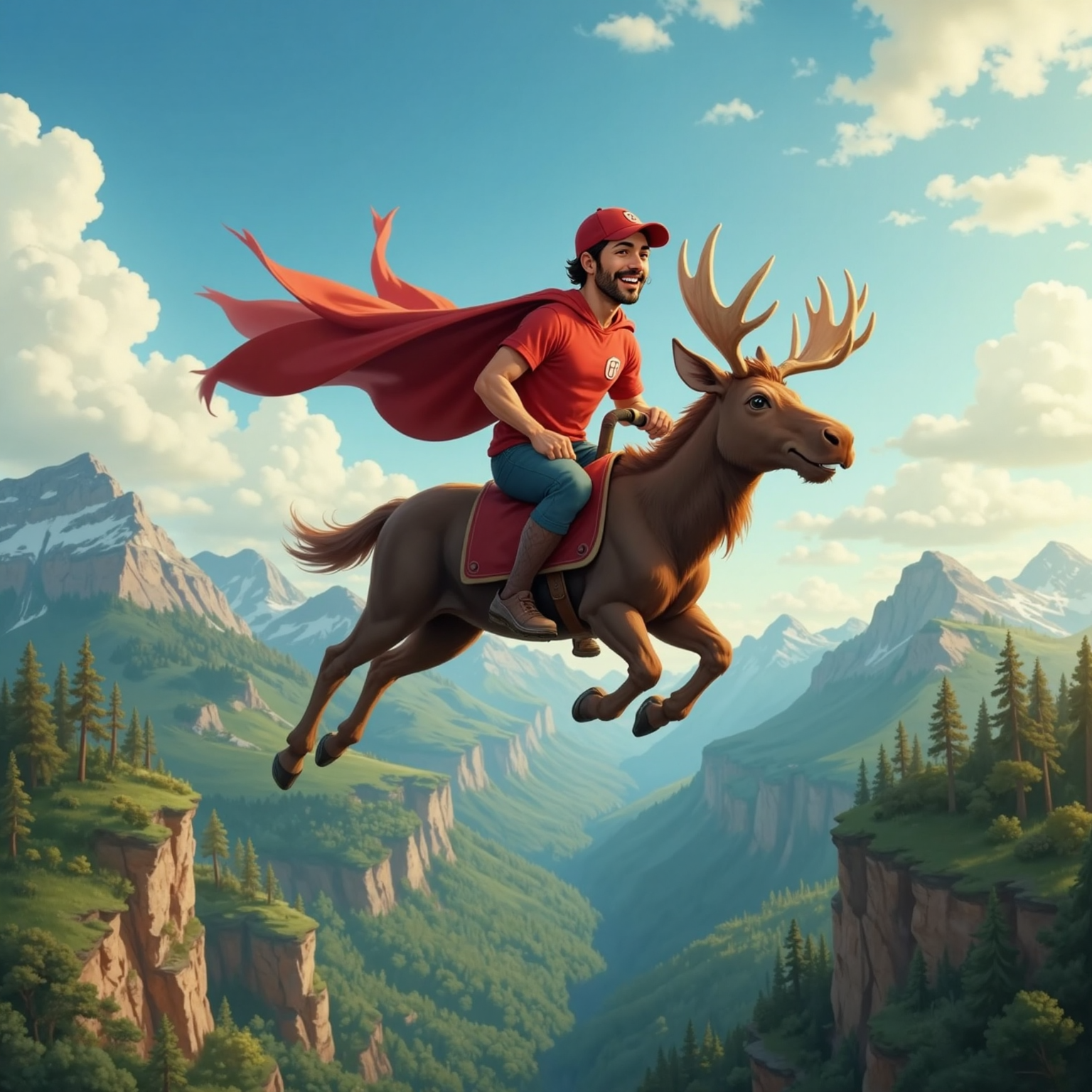 High above sunlit forests and jagged mountains, Commissioner Jacob clings to Super Moosey’s back, laughing as the caped moose completes a mid-air loop-de-loop, wispy clouds streaming past them in the bright blue sky.