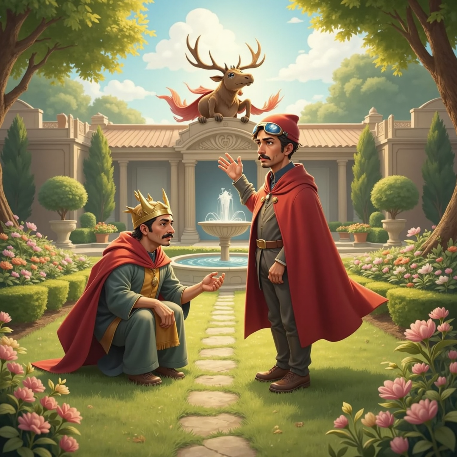 In the outdoor royal flower garden at noon, a worried queen kneels amid drooping blossoms while Super Moosey hovers nearby, warm red lasers glowing from his antlers; Commissioner Jacob stands beside her, hand raised for an imminent high-five.