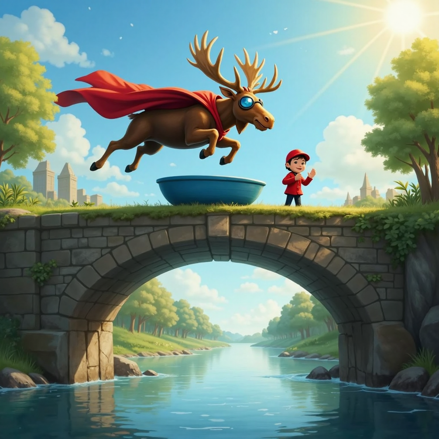 Over the sun-sparkled Wide River, Super Moosey lifts a small boat with his antlers from beneath a stone bridge, while Commissioner Jacob leans over the railing above, clapping with a proud grin.