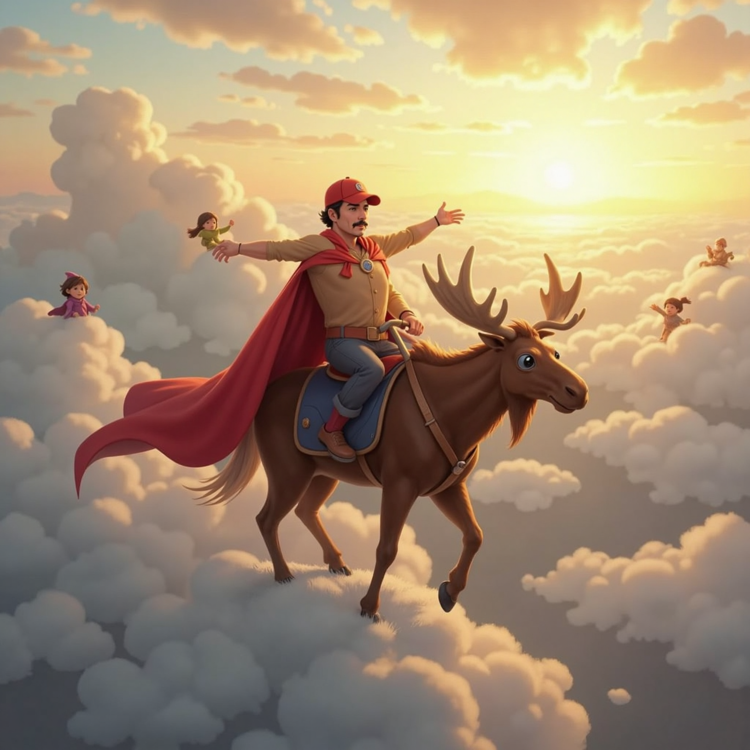 Mid-air above the fog-shrouded Sky Kingdom at dawn, Super Moosey shoots bright antler lasers, carving a clear path through gray mist, while Commissioner Jacob balances on his back, arms outstretched toward cheering sky children perched on drifting clouds.