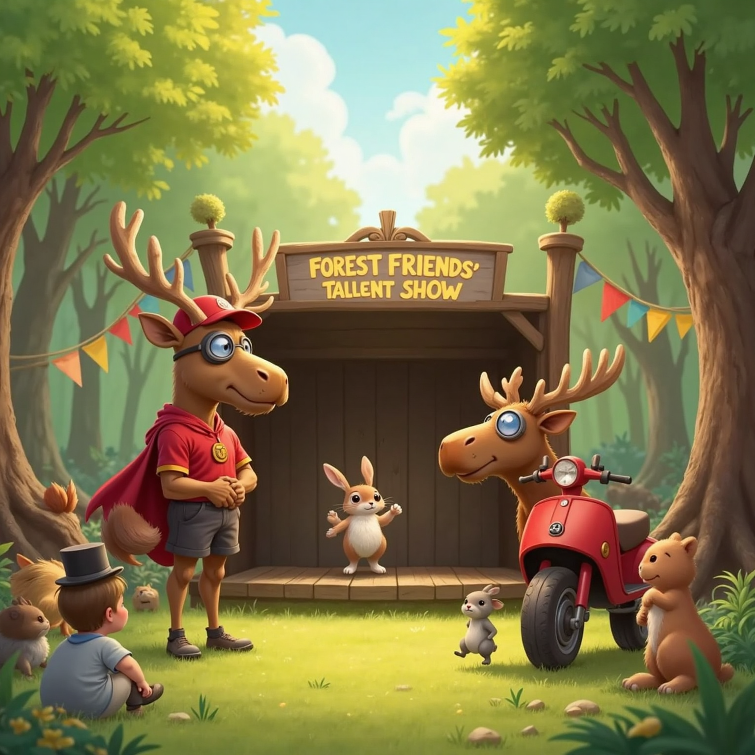 In a sun-dappled forest clearing, Commissioner Jacob stands beside Super Moosey before a makeshift wooden stage where animals line up eagerly; a rabbit in a tiny top hat starts dancing, colorful banners fluttering between tall trees.