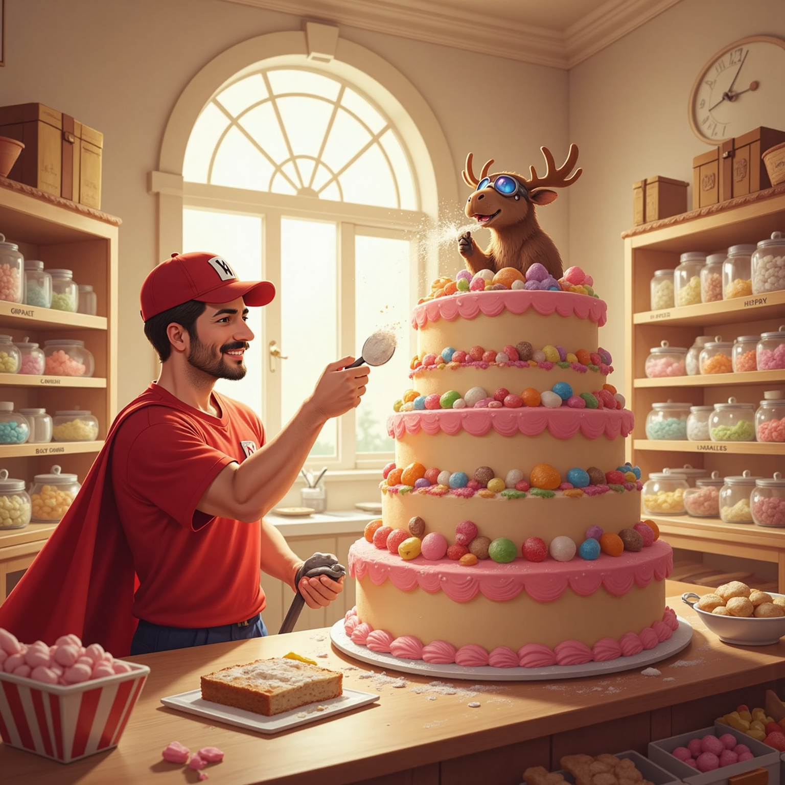 Inside the Sweet Kingdom’s bright palace bakery, Commissioner Jacob sprinkles flour over a gigantic layered cake while Super Moosey playfully tastes pink frosting from a spoon; shelves of candy jars and glowing ovens line the sugar-dusty walls.