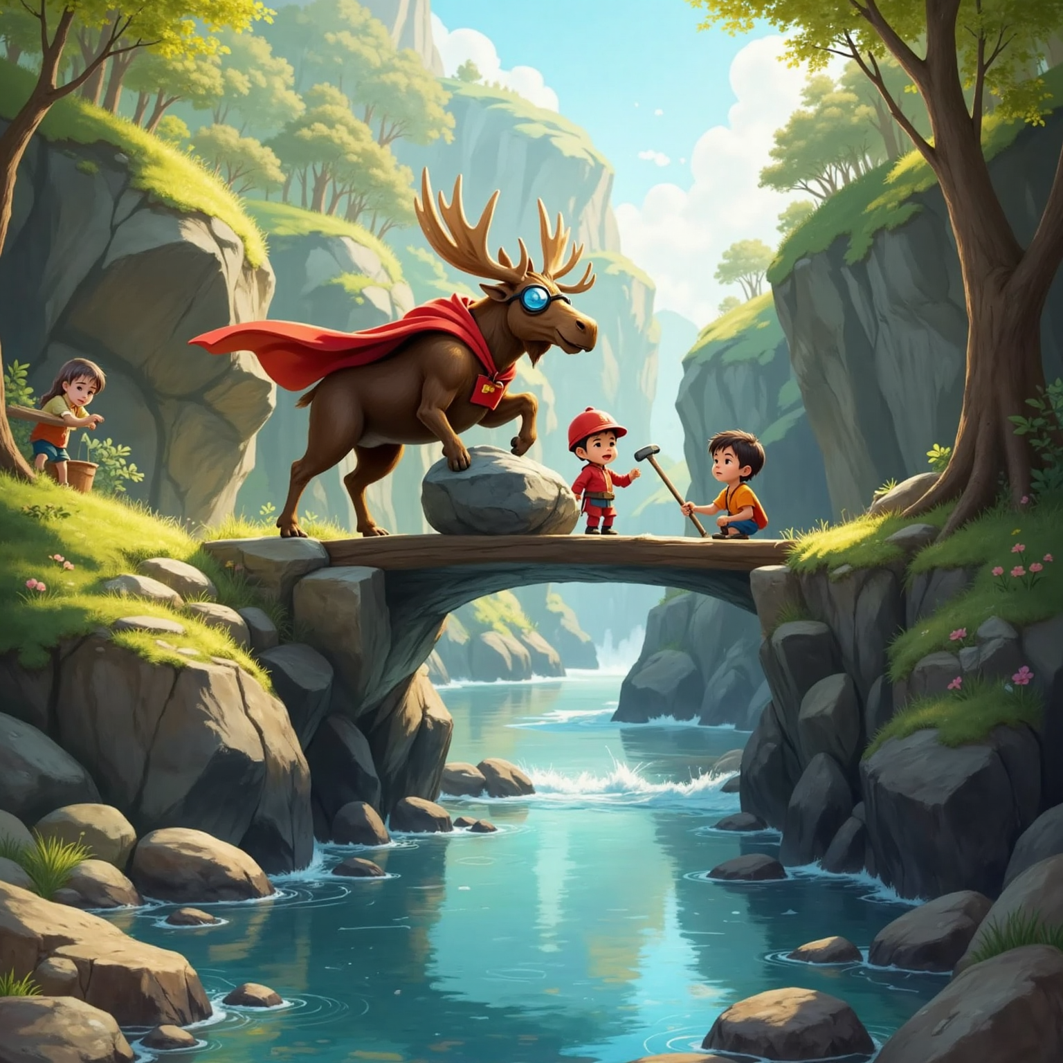 At a sunlit river gorge between Stone and Water Kingdoms, Super Moosey lifts heavy gray stones into place while Commissioner Jacob kneels on a half-finished wooden plank, guiding children who hammer nails; sparkling water flows beneath the emerging bridge.