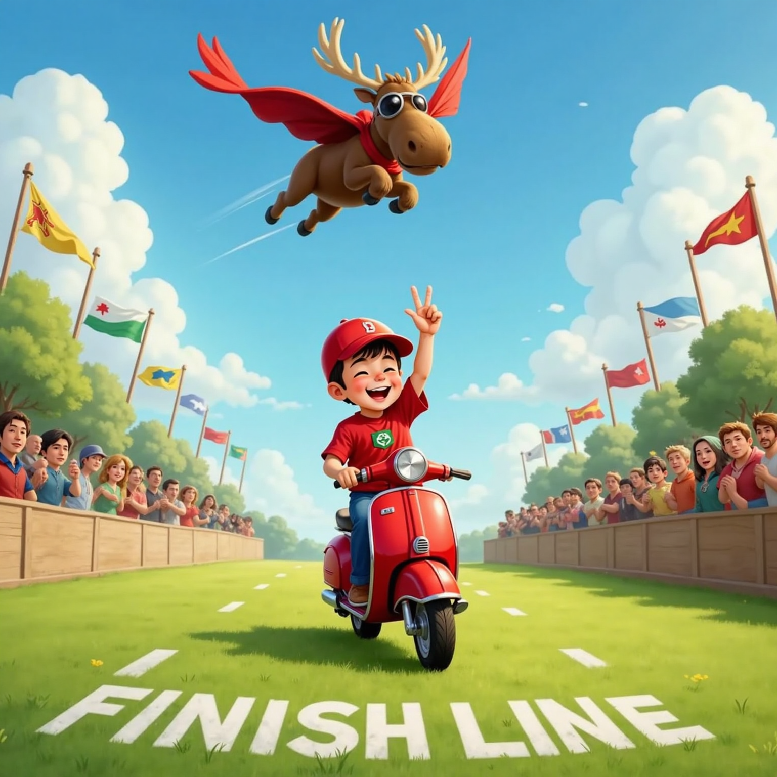 On a bright meadow racecourse, Commissioner Jacob speeds across a chalk finish line on his red scooter, arm raised triumphantly, while Super Moosey hovers just above, cape billowing; cheering kingdoms hold colorful flags along the sidelines.
