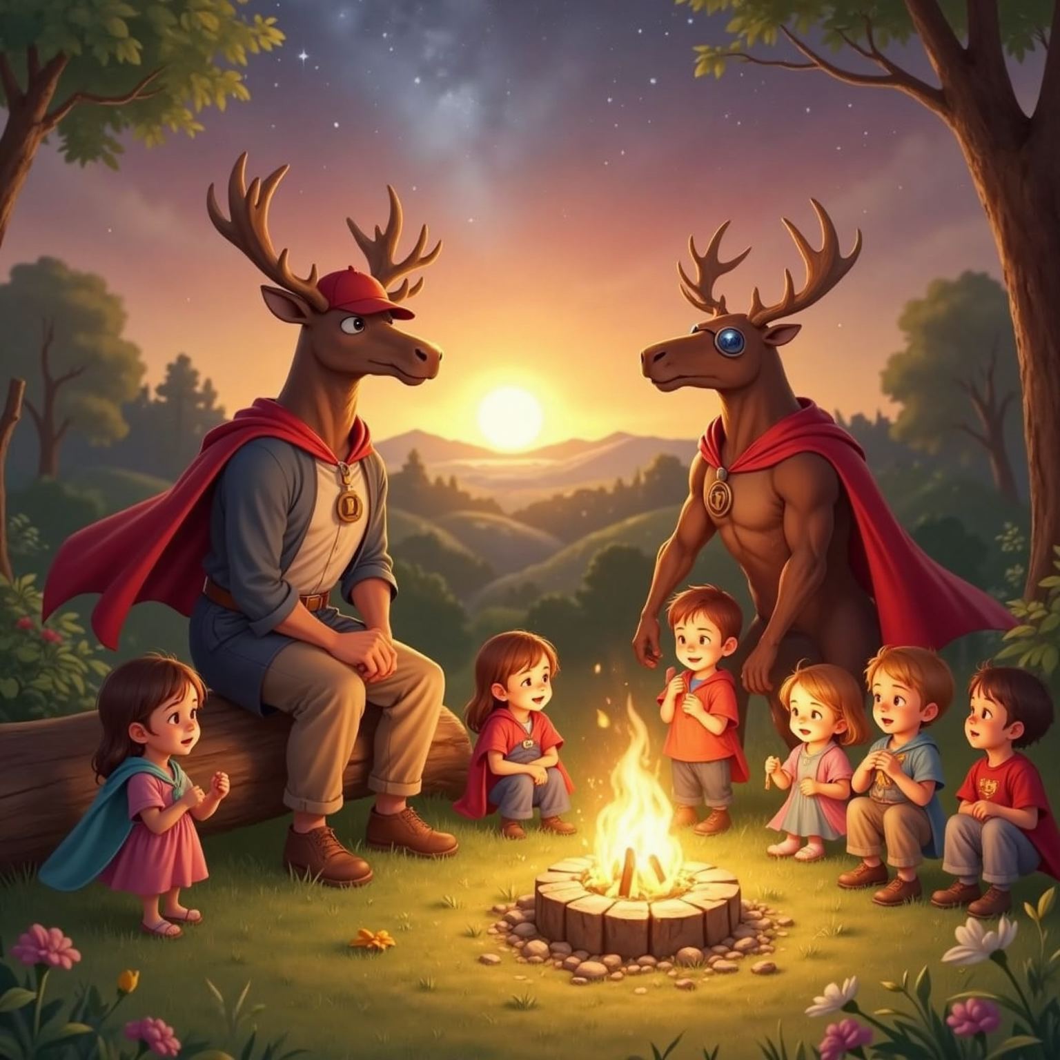 At sunset in a grassy clearing, Commissioner Jacob sits on a log beside a crackling campfire, mid-knock-knock joke, cap tilted jauntily, while Super Moosey doubles over laughing, warm orange flames lighting smiling faces of gathered princes and princesses.