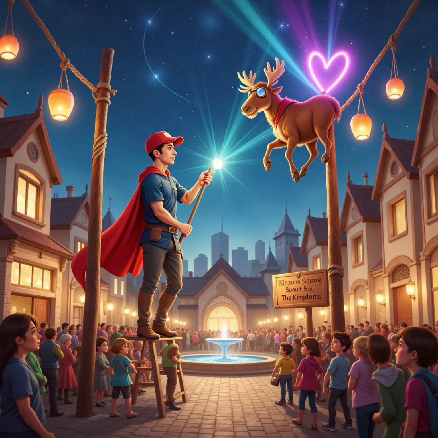 During a clear night in the Kingdom square, Commissioner Jacob balances on a ladder stringing paper lanterns between poles, aided by Super Moosey who steadies him and projects sparkling laser shapes above, casting colorful glows onto joyful citizens below.