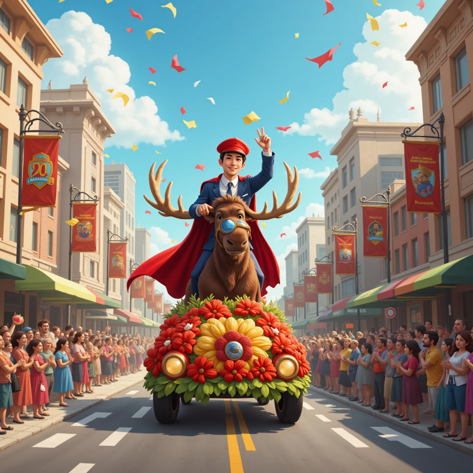 In a sunny main-street parade, Commissioner Jacob stands on a flower-decorated float, tipping his red cap and waving, while Super Moosey hovers beside him performing a playful mid-air twirl; confetti rains as crowds clap along colorful banners.
