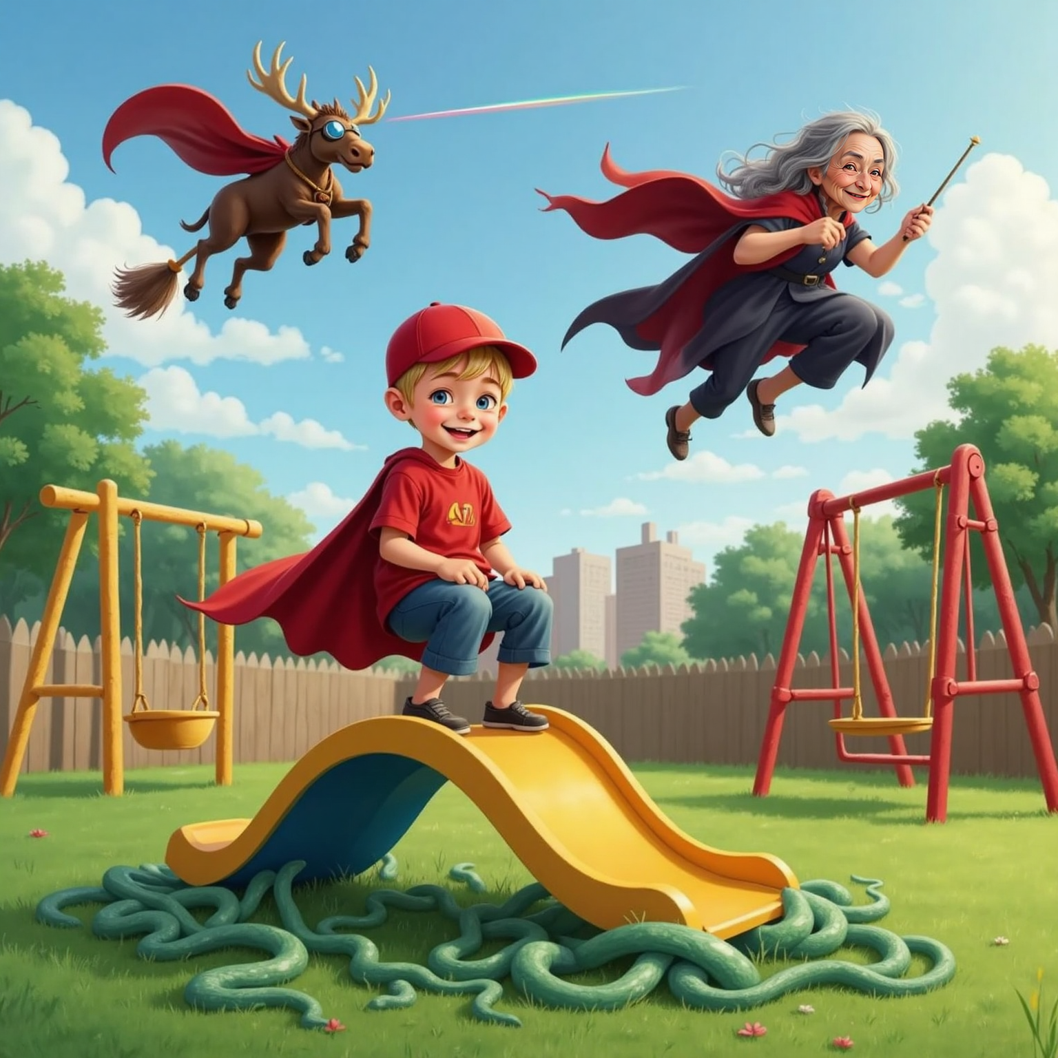 Outdoor playground at noon: Commissioner Jacob grins, standing on a moving slide-walk above grass suddenly writhing into snakes, while Super Moosey recoils nearby and the Wary-Scary Witch swoops overhead on a broom, smirking triumphantly under bright sunlight.