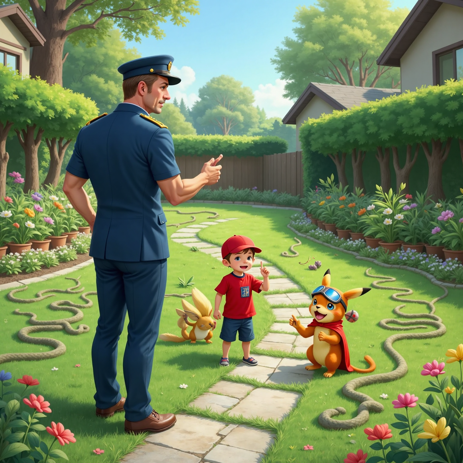 Front-yard gardens at midday, now carpeted with hissing snakes, Commissioner Jacob lifts his red cap and points forward while Super Bunny hovers anxiously beside him and Super Cheesecake kneels, cheesecake blasters aimed, all beneath a clear, glaring sun.