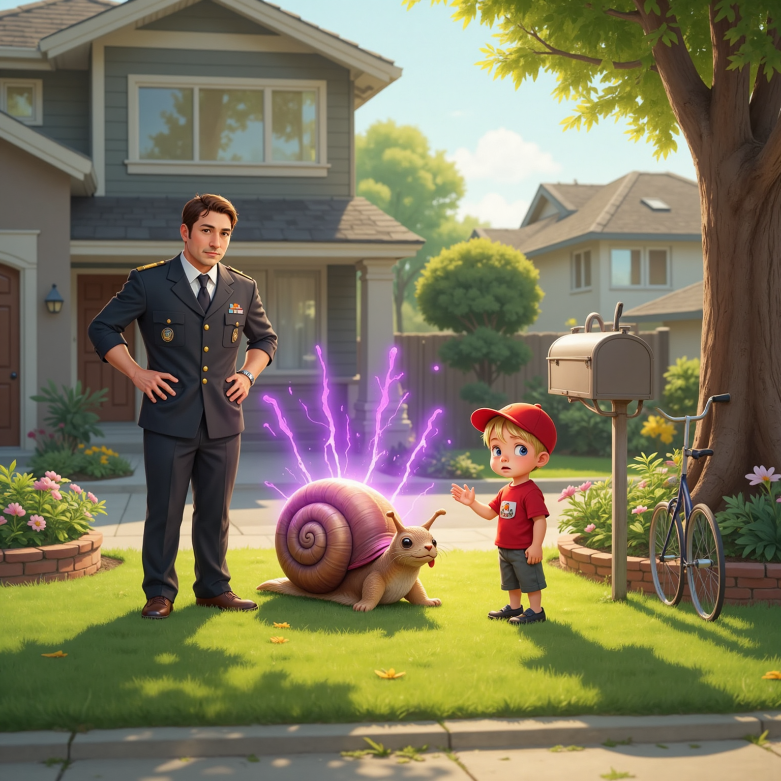 Suburban street lawns under afternoon light: the Snamelian Wizard anchors himself mid-yard, eyes focused, conjuring shimmering purple fences that sprout around grass, while Commissioner Jacob stands behind a mailbox, watching proudly with fists on hips.