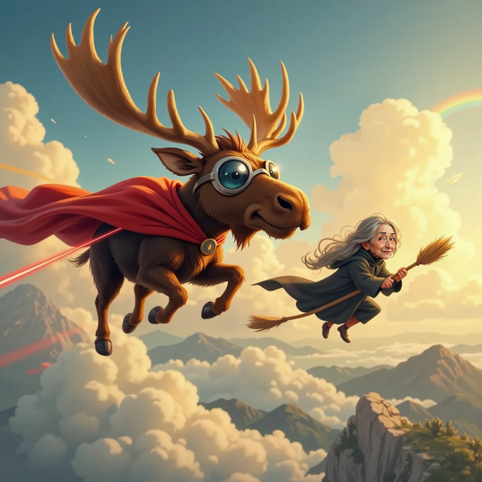 High above fluffy clouds in late afternoon sunlight, Super Moosey streaks forward, red cape billowing, antlers firing thin red lasers, as the Wary-Scary Witch glances back nervously, gripping her speeding broom.