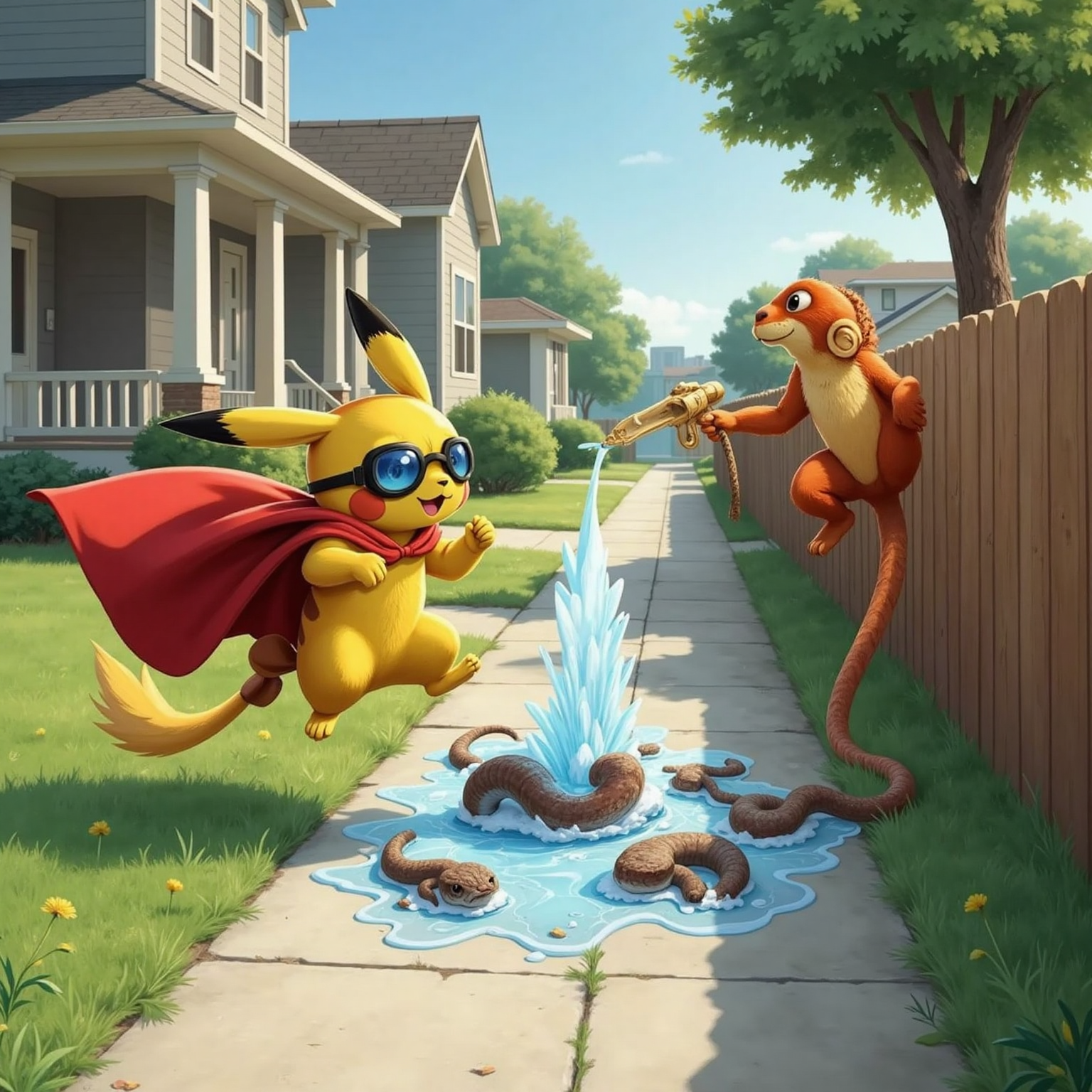 Neighborhood sidewalk at bright midday: Super Bunny skids beside a glowing ice patch, breath swirling from his mouth as frozen snakes pile up, while Super Cheesecake lobs a sticky cheesecake pie toward another escaping serpent near a wooden fence.