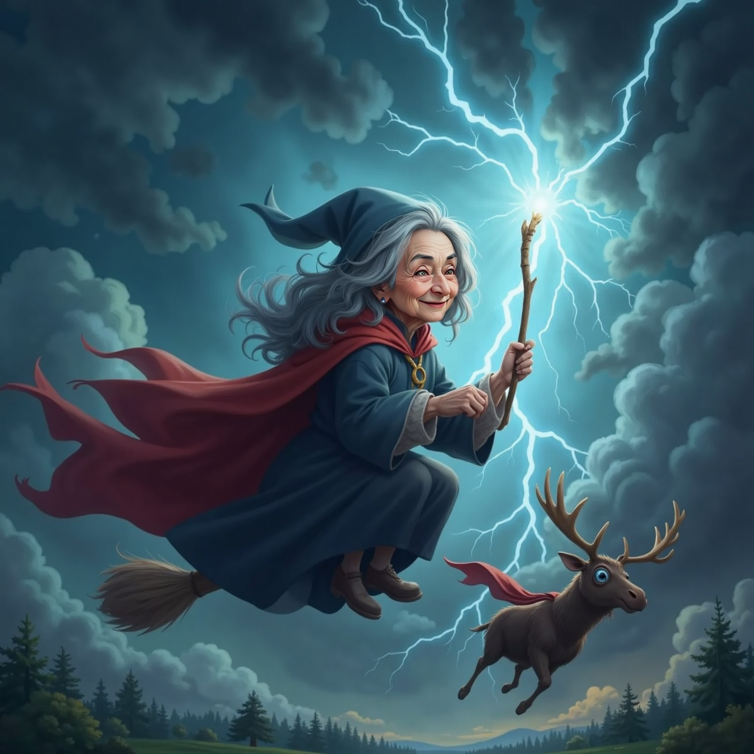 Stormy evening sky, clouds flickering with witch-summoned lightning: Super Moosey twists between bolts, goggles shining, while the Wary-Scary Witch hovers nearby raising her wand, wind whipping her cloak in the electric blue glow.