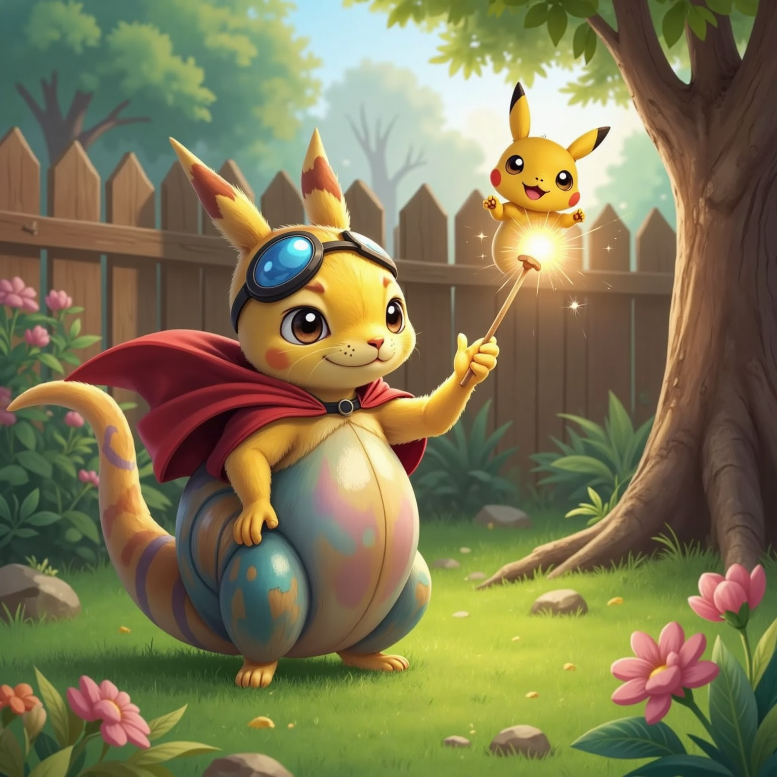 Backyard under soft morning sun, the Snamelian Wizard lifts a glowing shell above half-grass, half-snake ground, rainbow sparkles swirling, while Super Bunny hovers just over a fence, wide-eyed and cheering.