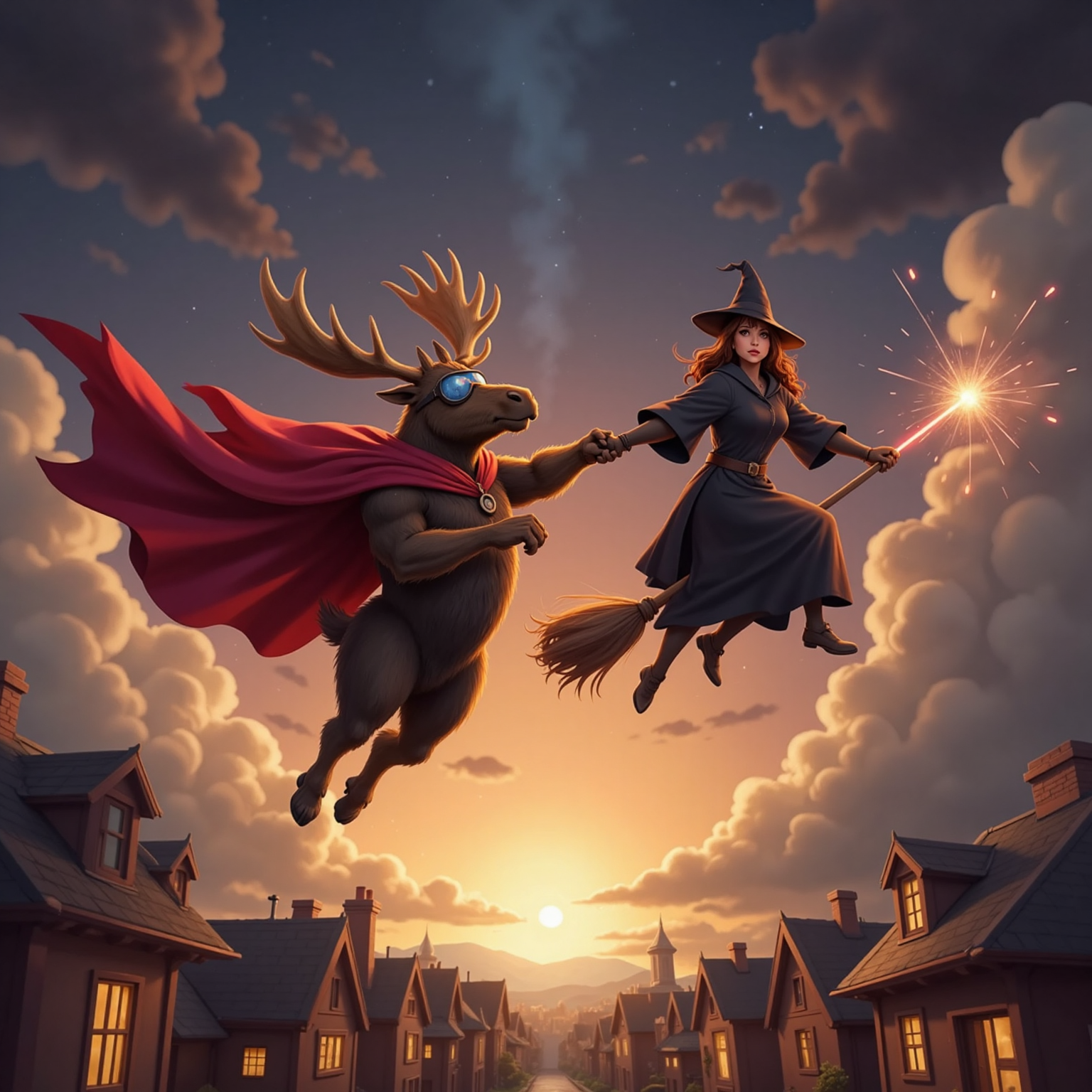 Dusky sky turning orange: Super Moosey grips the trailing end of the Wary-Scary Witch’s cloak, muscles tensed, as sparks shower from her broom and dark clouds swirl around them, both frozen mid-tug above distant rooftops.
