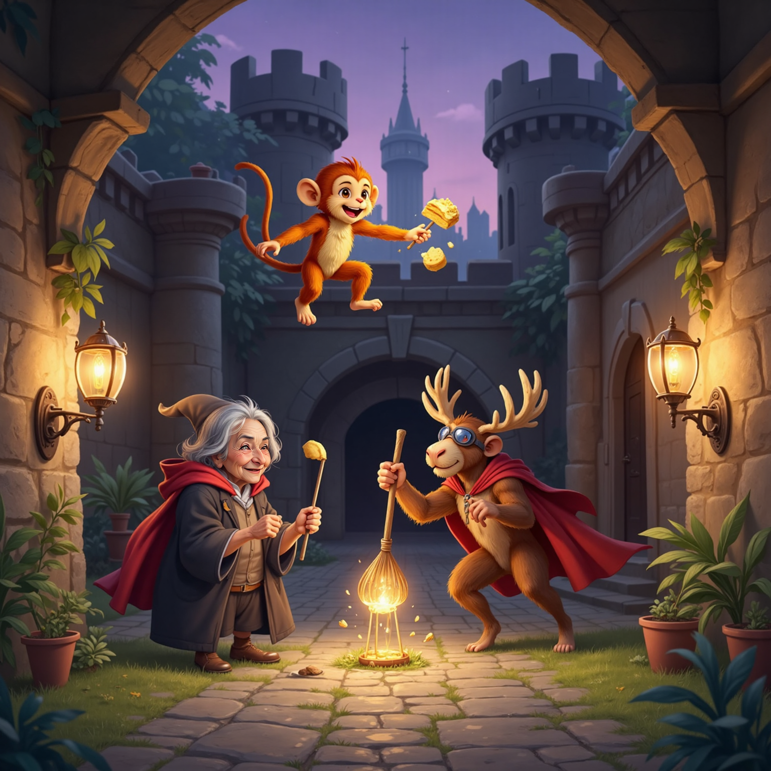 Twilight over a castle courtyard: Super Cheesecake leaps high, tossing a glistening cheesecake net that entangles the Wary-Scary Witch and her stalled broom, while Super Moosey hovers nearby giving an enthusiastic thumbs-up.