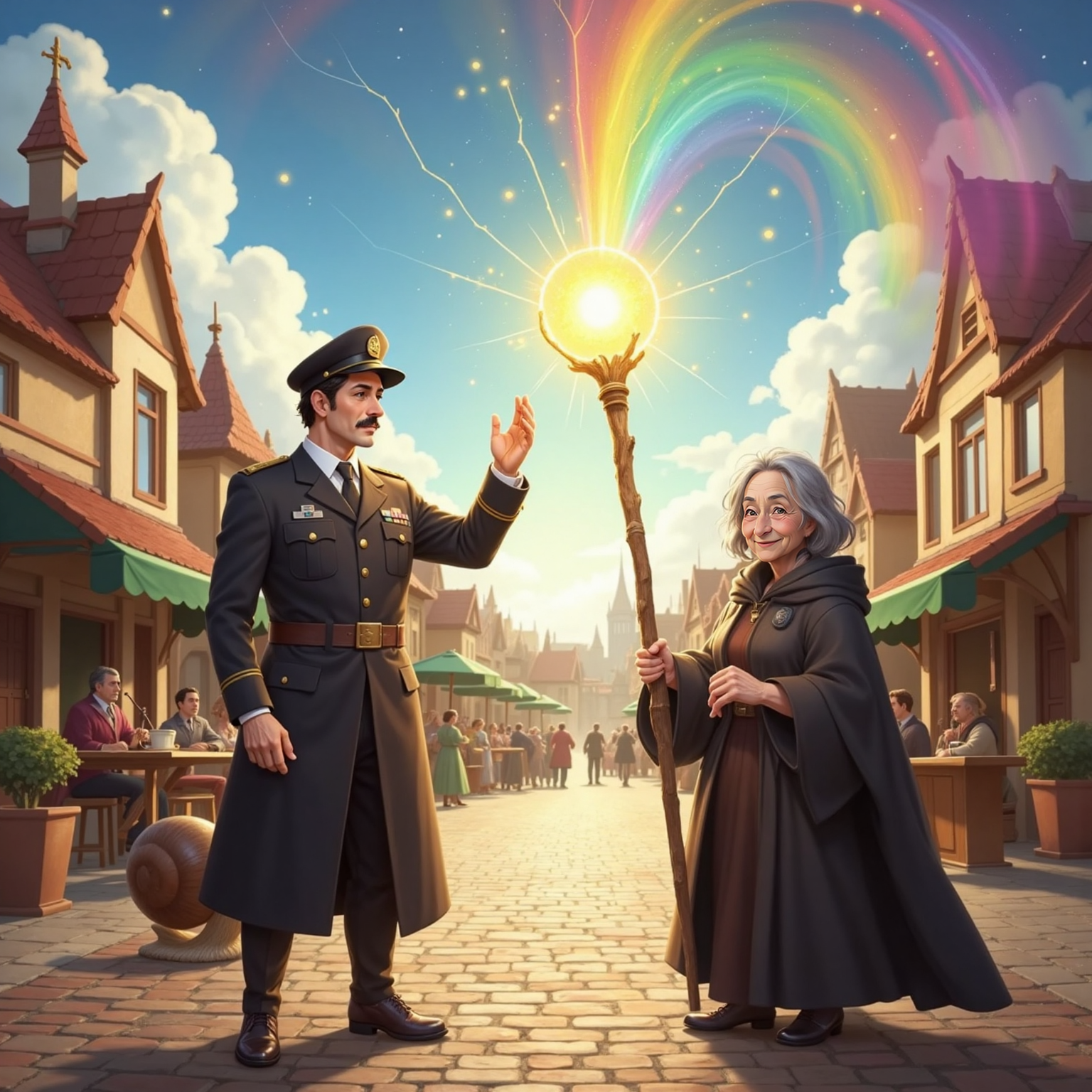 Town square at midday, cobblestones glowing in swirling gold sparks: Commissioner Jacob stands between the Snamelian Wizard and the Wary-Scary Witch as they raise staffs together, determined faces lit by merging rainbow magic.