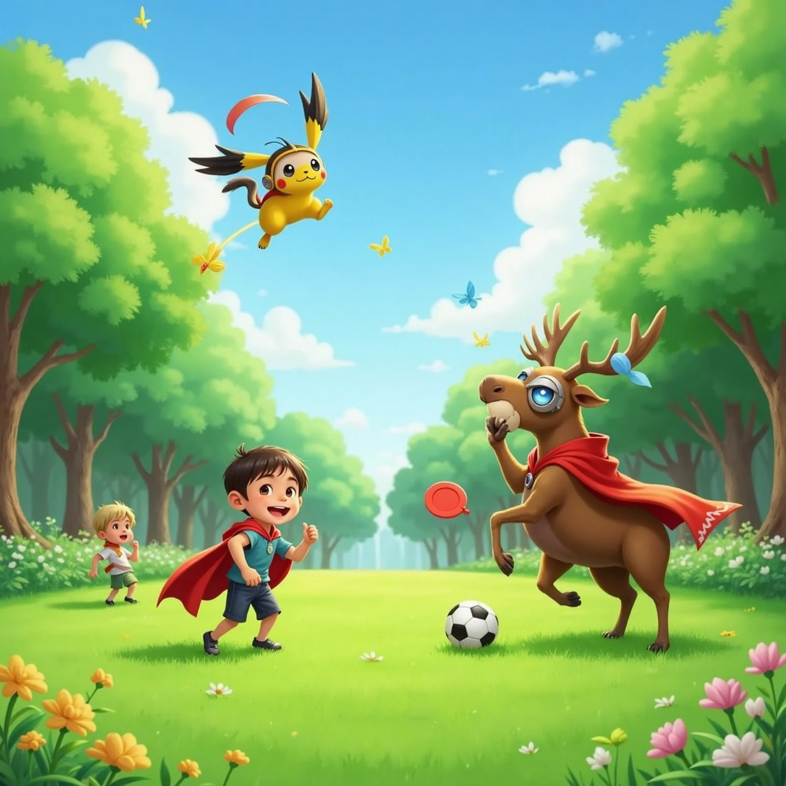 Sunny royal park after victory: Super Bunny loops joyfully above a grassy field, Super Moosey lands proudly with cape settling, and Super Cheesecake flashes a thumbs-up beside children now playing on restored lawns.