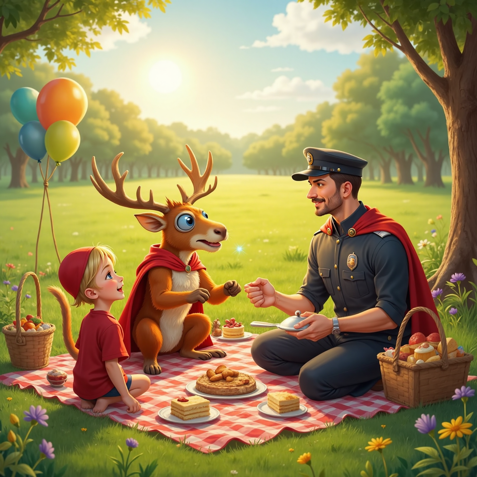 Late-afternoon picnic meadow: Commissioner Jacob sits at a checkered blanket smiling, Super Moosey performs a playful antler dance nearby, and Super Cheesecake offers slices from a platter, golden sunlight casting warm shadows across baskets and balloons.
