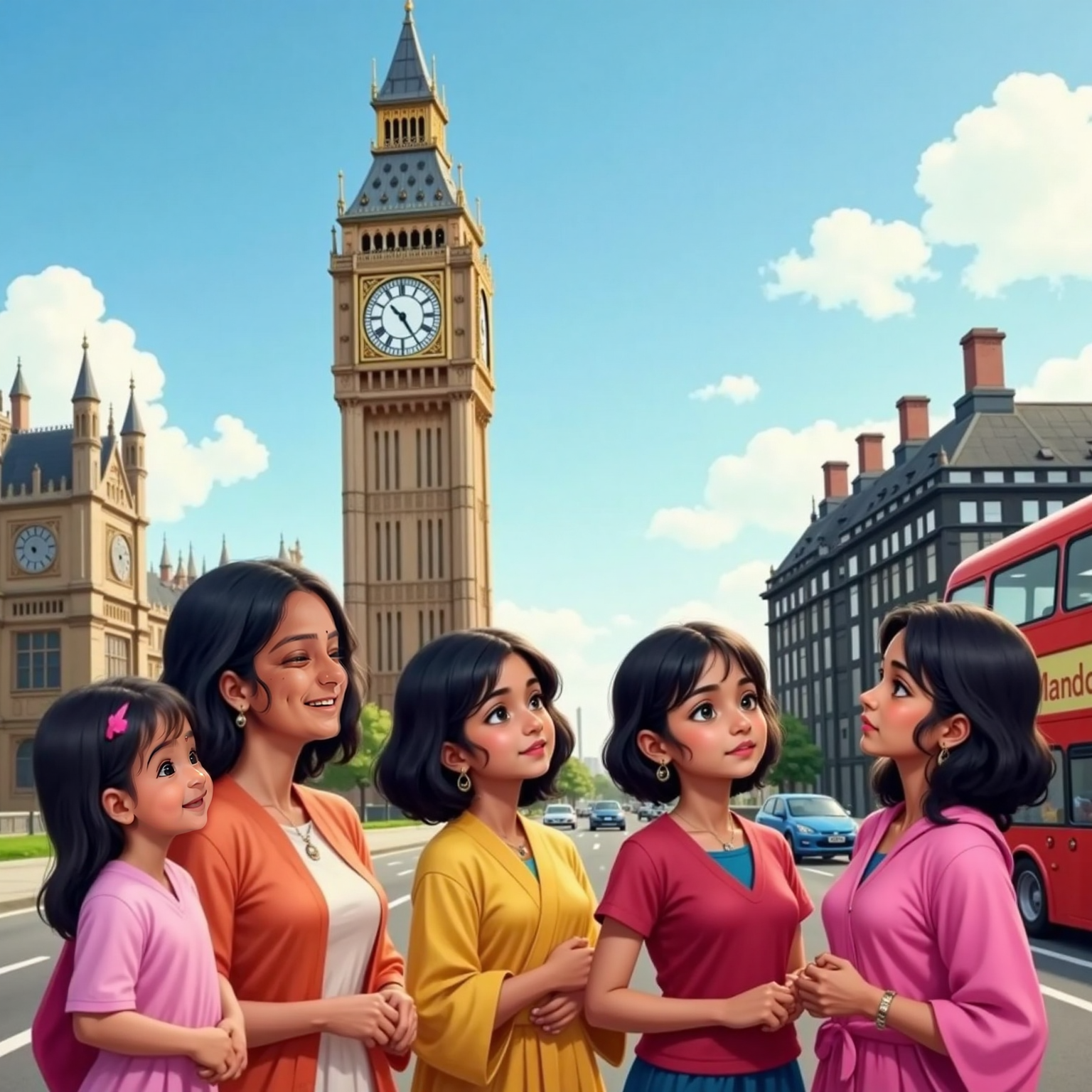 SIa with her 4 "Maasi"s seeing the Big Ben. Design the image in a animated comic style