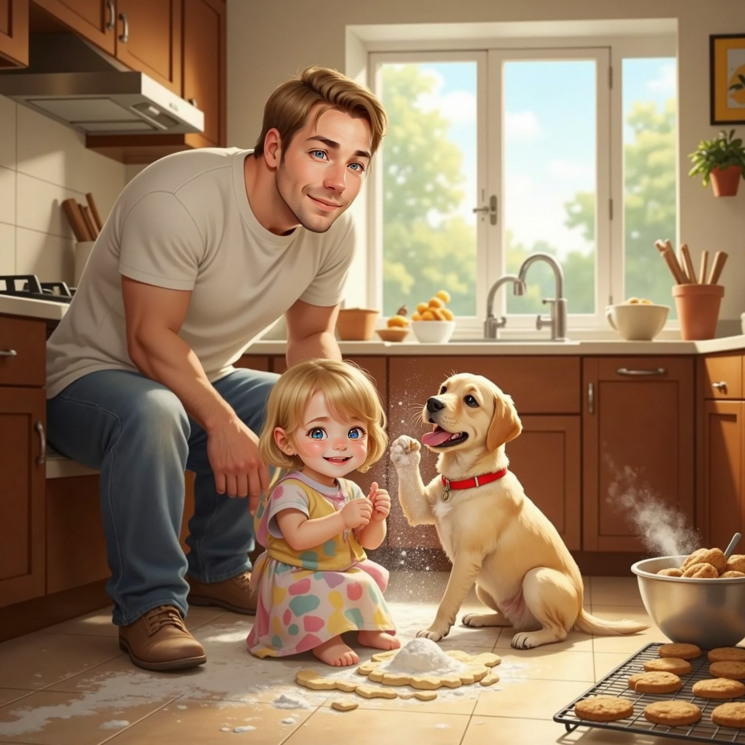 Sunlit kitchen: Addie, cheeks powdered, claps sticky dough on the flour-covered floor, giggling. Sophie sniffs the flour beside her, tail wagging, while Daddy leans against the counter, laughing at the flying mess.