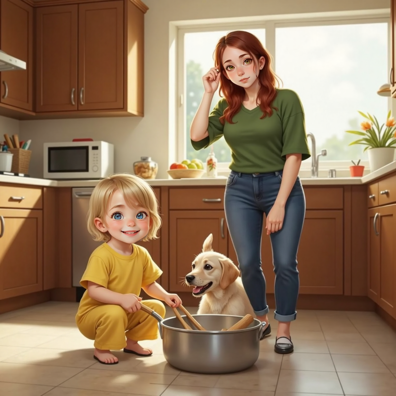Indoor kitchen, late afternoon: Addie squats on the tile floor banging metal pots with wooden spoons, eyes shining. Nearby, Mommy half-covers her ears yet smiles, as Sophie circles the pots, muzzle raised in a playful howl.