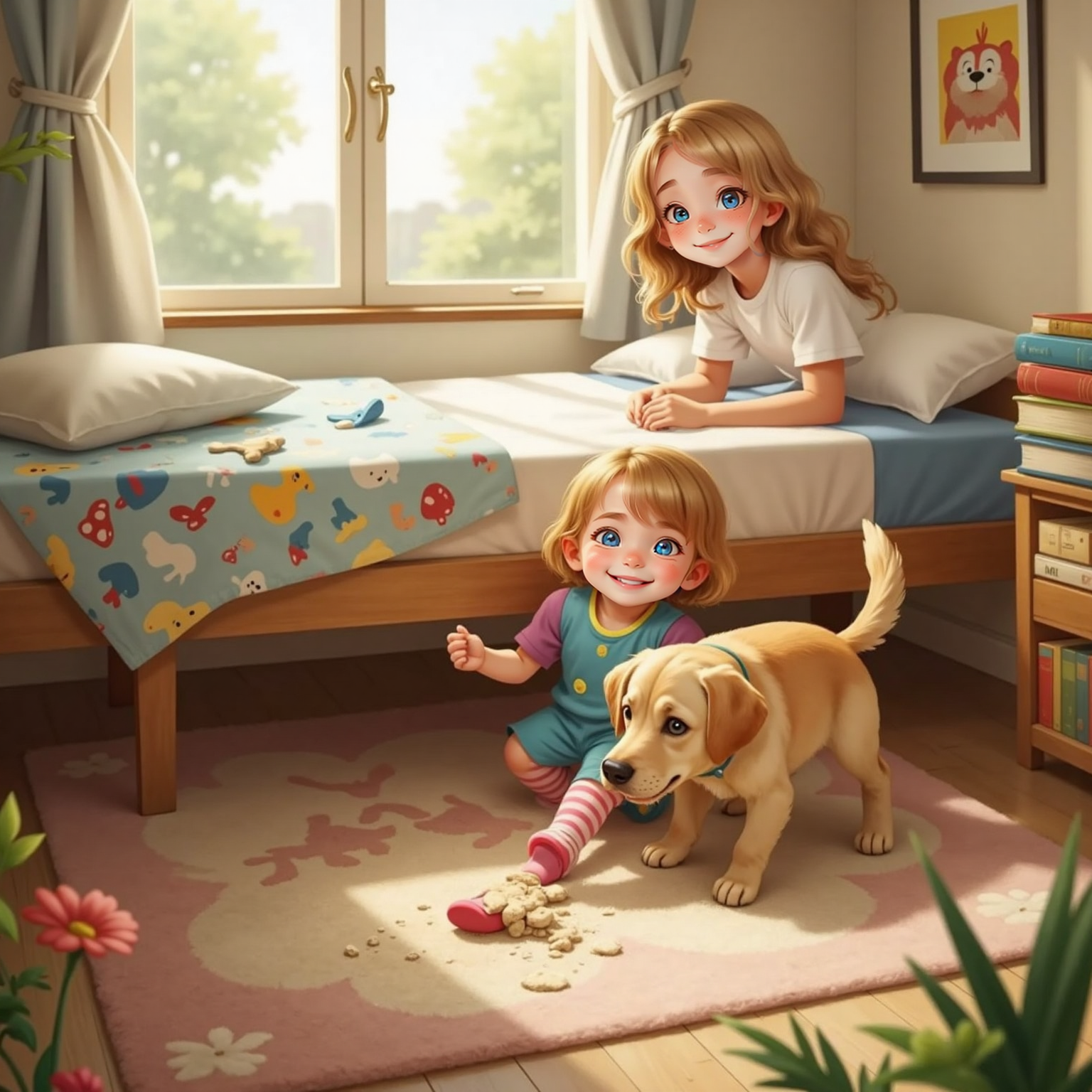 Afternoon light filters into the bedroom as Addie lies on her tummy half-under the bed, triumphantly waving a striped sock. Sophie crouches beside her, tail thumping dust bunnies, while Big Sister kneels at the mattress edge, smiling in surprise.