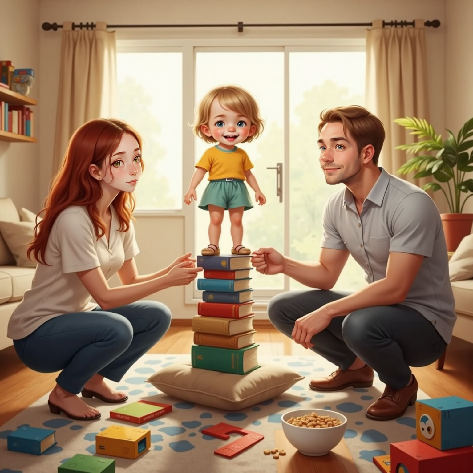 Bright living-room morning: Addie stands on a cushion, tongue out in concentration, placing the final block atop a towering stack of books and cubes. Mommy and Daddy kneel on either side, hands hovering to steady the wobbling creation.