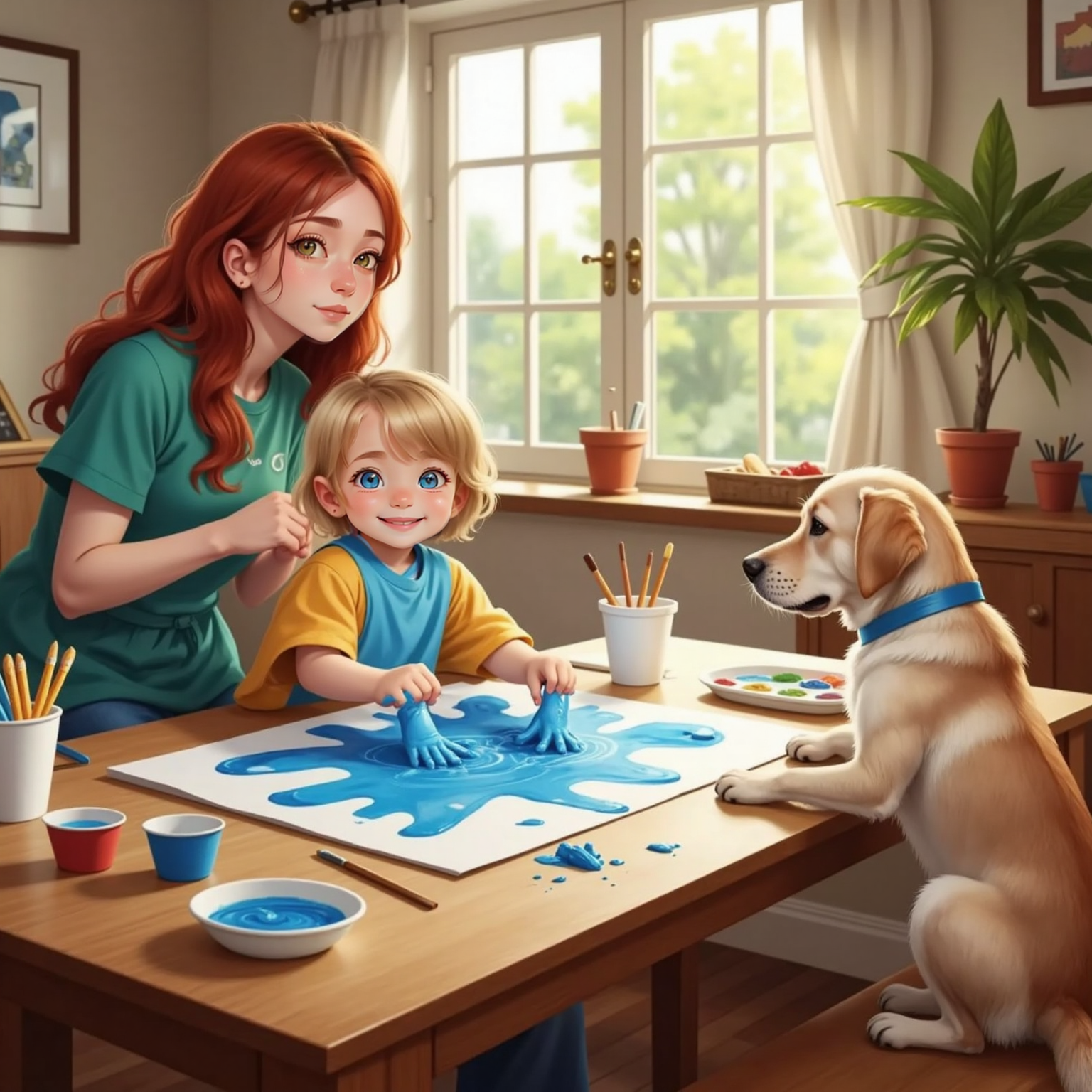 Sunny dining room table cluttered with paint pots: Addie smears bright blue handprints across paper, grinning. Sophie, nose streaked the same blue, sits beside the chair, while Mommy leans forward, gasping yet smiling at the cheeky masterpiece.