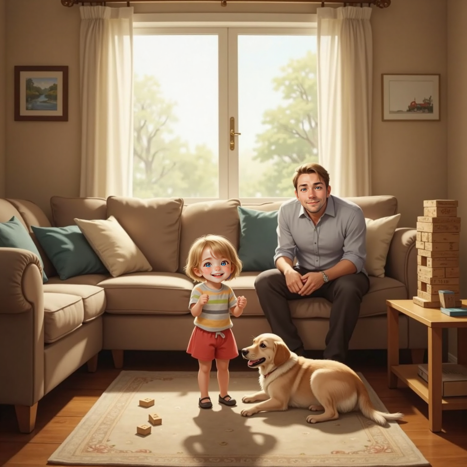 Cozy living-room afternoon: Addie stands mid-cackle, tiny fists clenched with delight, while Sophie sprawls on her back at her feet, paws in air. Daddy sits on the sofa, head thrown back, laughing heartily at their shared silliness.
