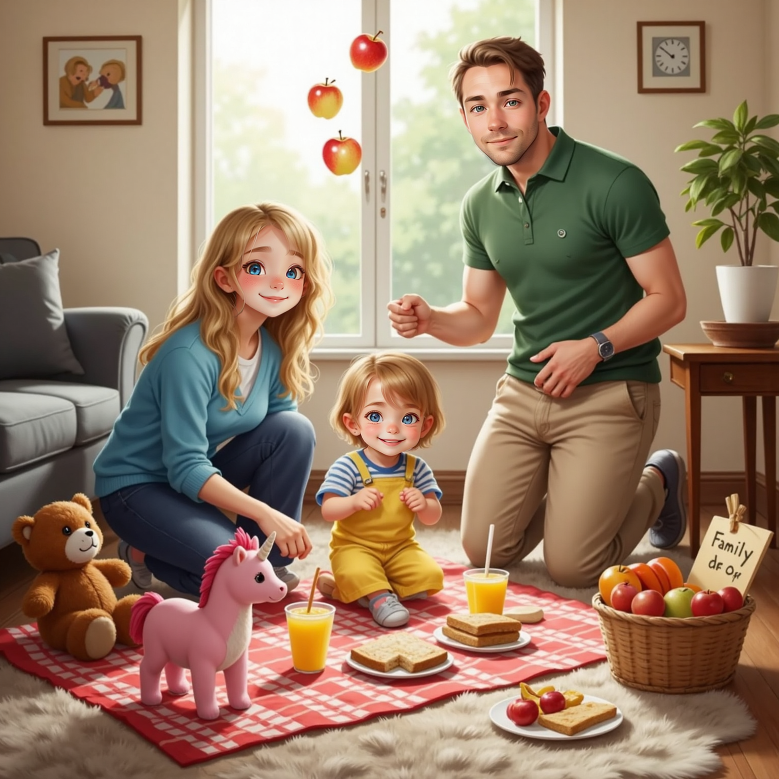 Indoor picnic on the living-room rug beneath soft afternoon light: Addie arranges teddy bears around a blanket laden with sandwiches. Big Sister kneels pouring juice into plastic cups while Daddy stands nearby mid-juggle, three shiny apples arcing overhead.