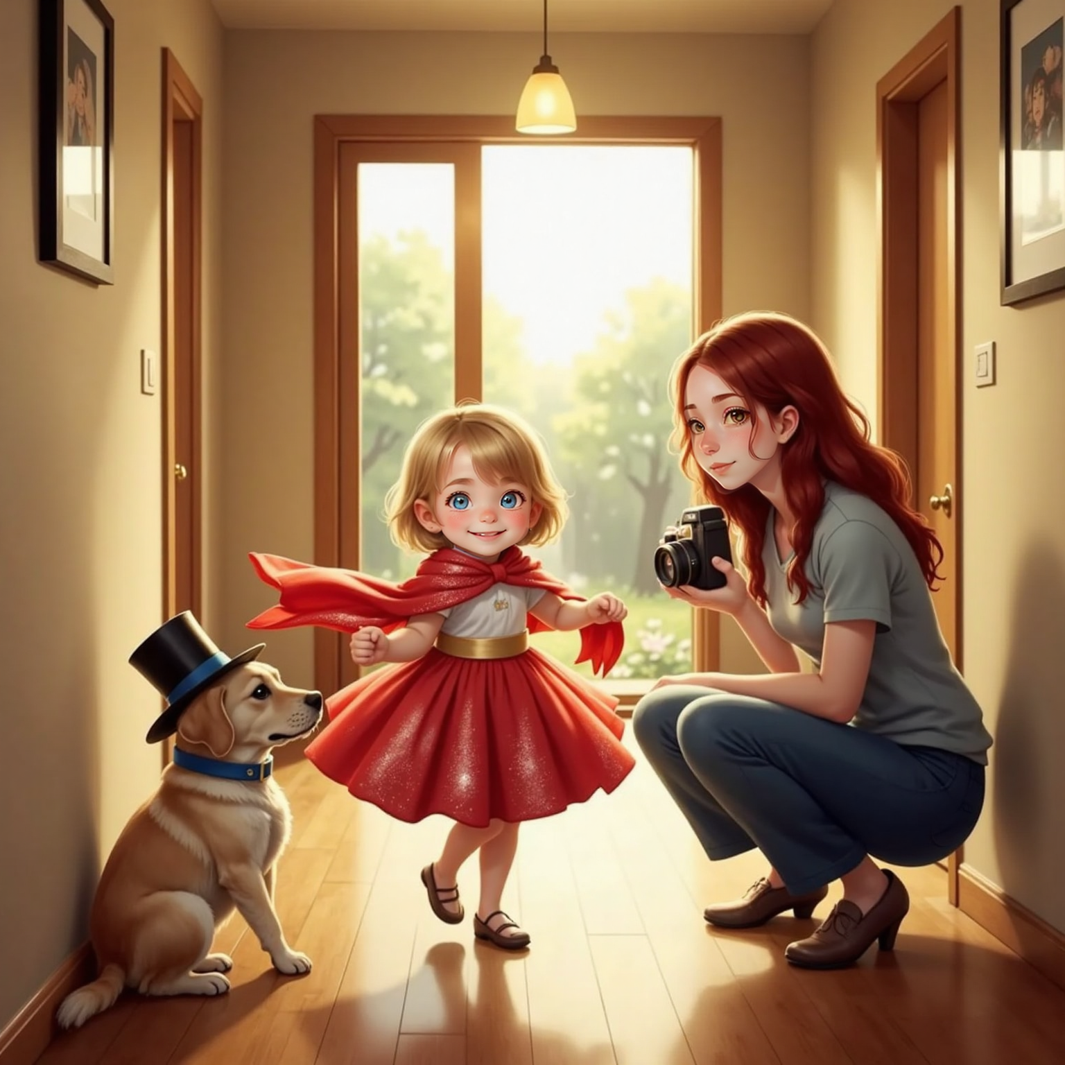 Sun-filled hallway: Addie twirls in Mommy’s long, red-sparkly scarf, skirt flaring. Sophie, wearing Daddy’s oversized hat, sits proudly beside her while Mommy kneels with a camera, capturing their playful homemade parade.