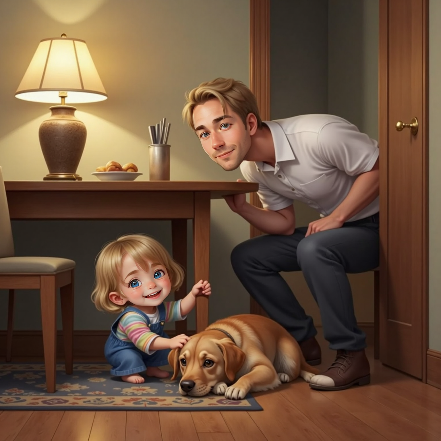 Warm evening lamplight in the dining room: Addie crouches beneath the table, giggling as she gently tugs Sophie’s floppy ear. Nearby, Daddy bends to peek behind a chair, unaware of the hiding duo inches away.