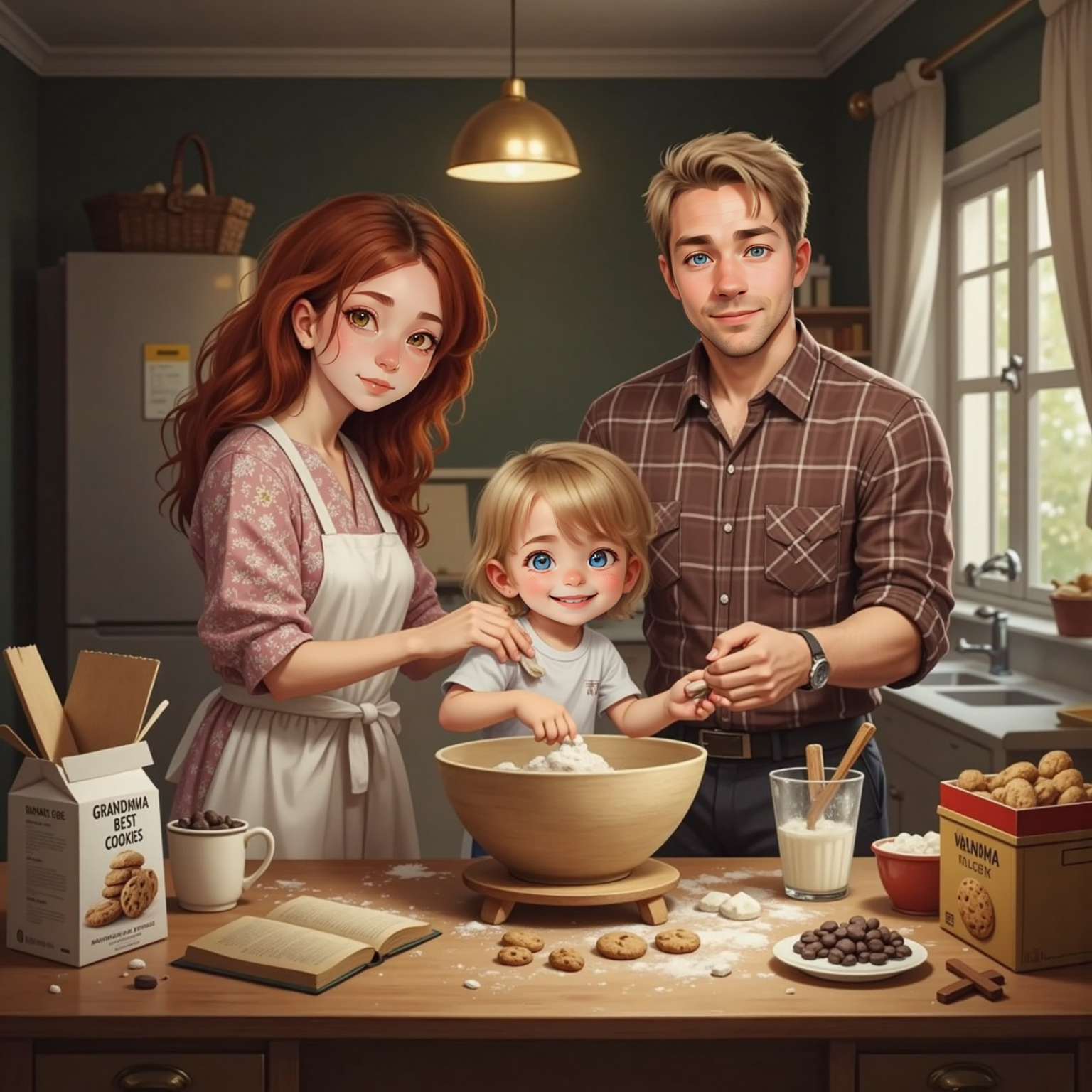 Cozy kitchen glowing with oven light: Addie stands on a stool sprinkling sugar into cookie dough, face smeared with flour. Mommy measures vanilla beside her while Daddy stirs the bowl, wooden spoon raised mid-swirl.