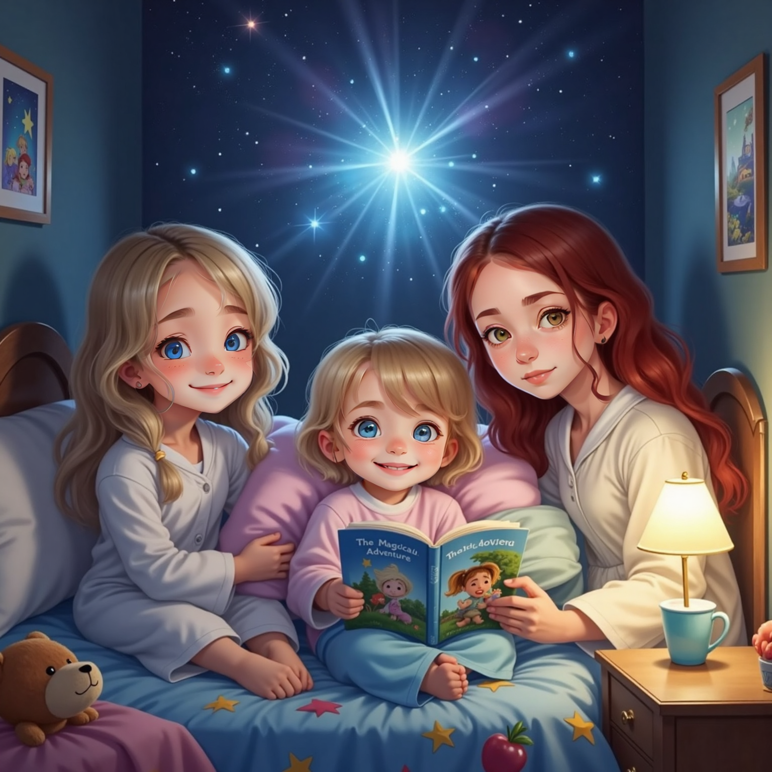 Dim bedroom bathed in soft star-projector glow: Addie snuggles beneath colorful blankets, thumb in mouth. Big Sister sits cross-legged beside the bed reading an open picture book, while Mommy leans in, one arm around Addie, smiling tenderly.