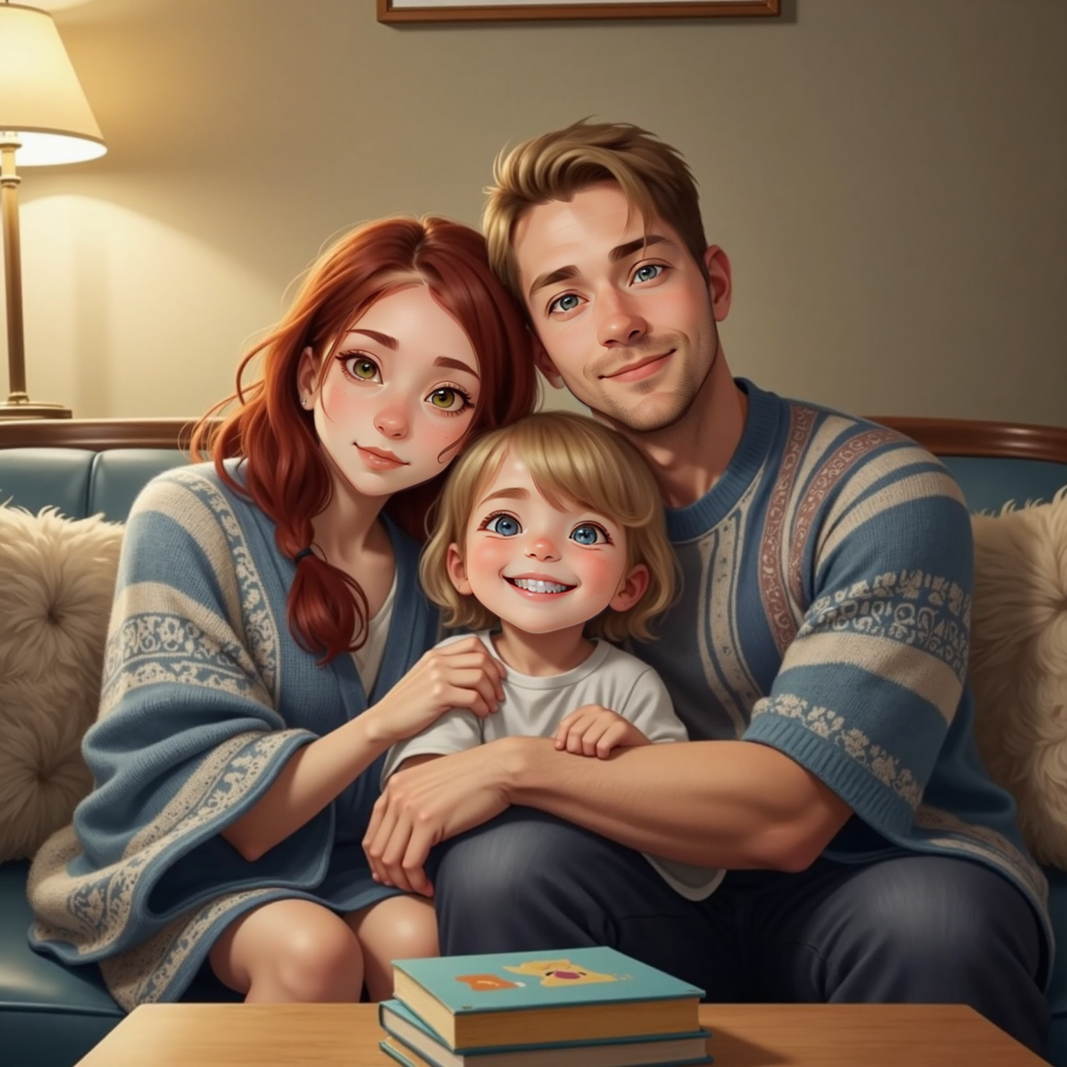 Soft lamplight fills the living-room couch where Addie is sandwiched in a warm embrace between Mommy and Daddy, all smiling with closed eyes. A knitted blanket drapes over their shoulders, emphasizing the close family hug.