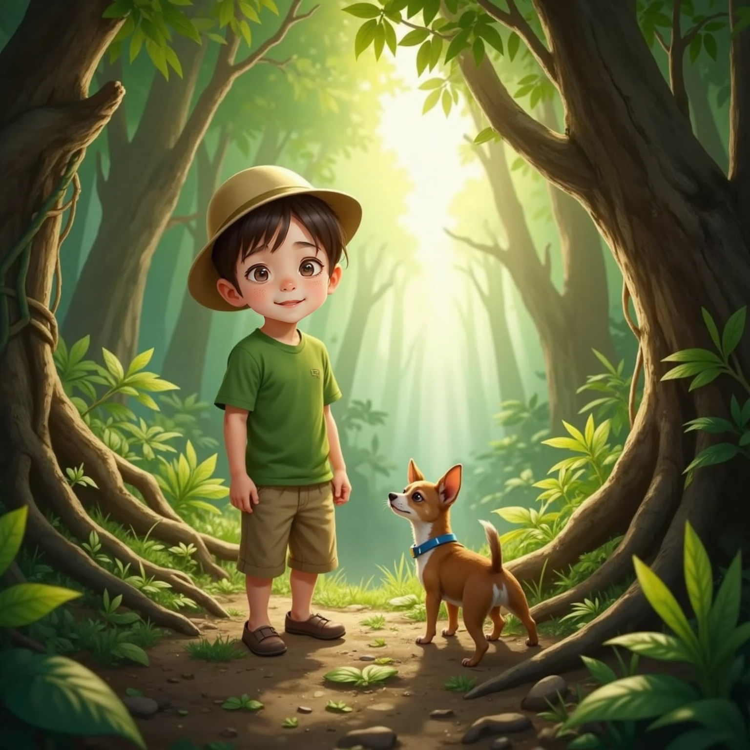 On a narrow jungle trail at midday, Heinrich in a tiny hat stands beside Peanut as towering trees arch overhead. Sunbeams stripe the leafy floor while Heinrich listens, and Peanut barks toward a distant rustling shrub.