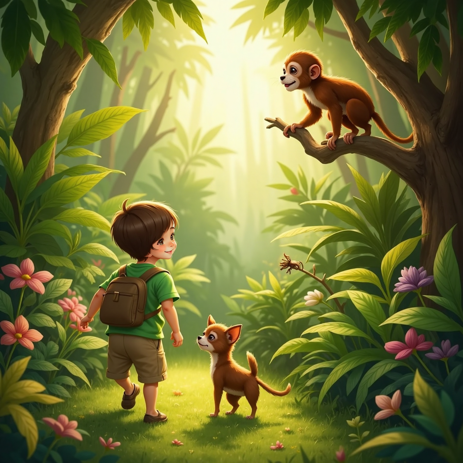 Deep inside the dappled jungle afternoon, Heinrich follows Peanut along a fern-lined secret path. Above them a curious monkey perches on a twisted vine, smiling down through speckled light.