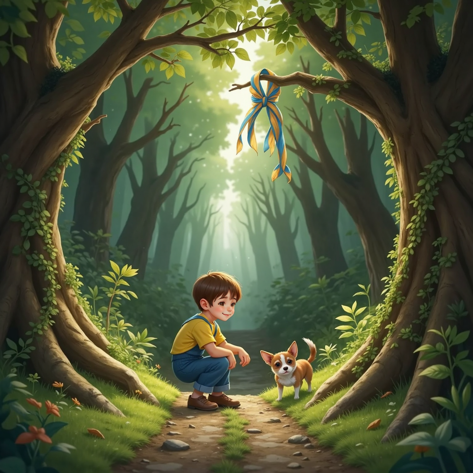 At a vine-framed junction, a blue-striped ribbon flutters from a branch under cloudy daylight. Heinrich crouches to study it while Peanut sniffs the mossy ground, both poised to dash further into the greenery.