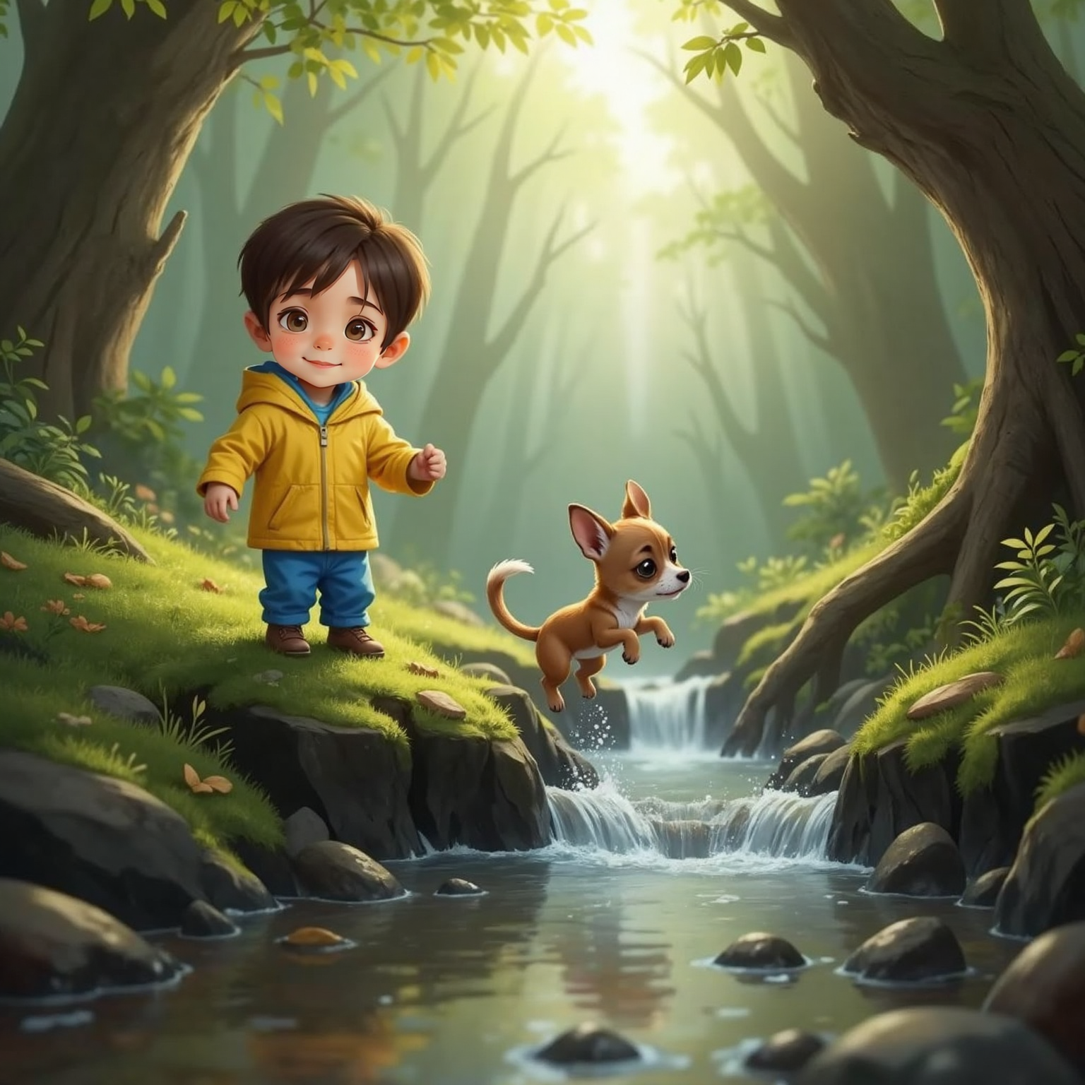 Beside a slick moss-covered stream, Heinrich balances on a wet stone, hand outstretched. In the misty afternoon shade, Peanut leaps across the water, tail arched high, droplets sparkling around him.