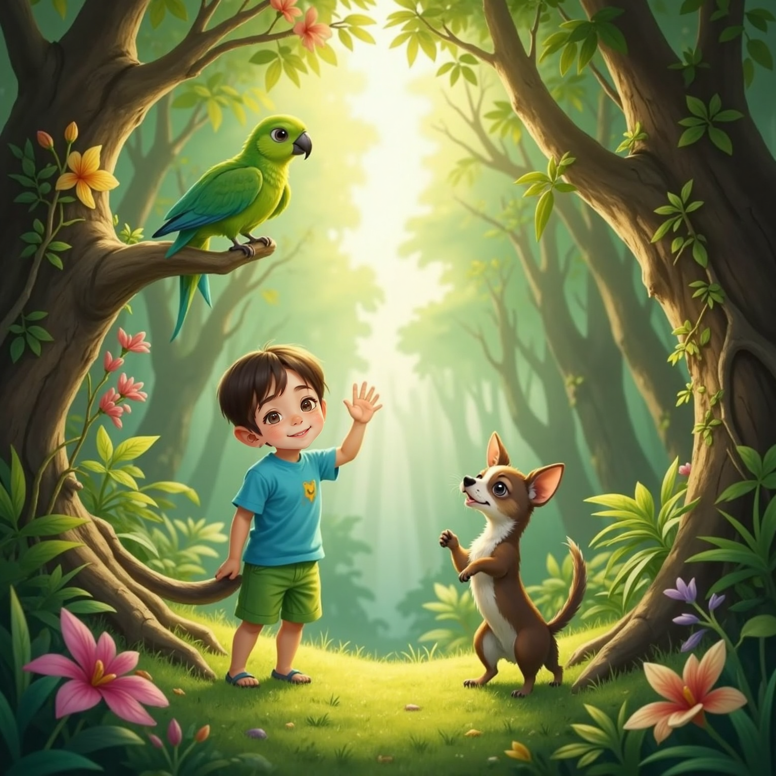 In a sunlit canopy clearing, Heinrich waves from the forest floor while Peanut barks upward. A vivid green parrot, feathers gleaming, greets them from a high branch amid tangled leaves and hanging orchids.