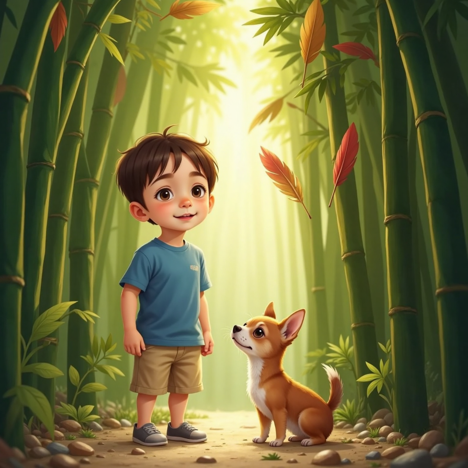 Within a narrow bamboo grove glowing with late-day light, crimson and gold feathers drift toward Heinrich and Peanut. The pair gaze upward, framed by tall green stalks that sing softly in the breeze.