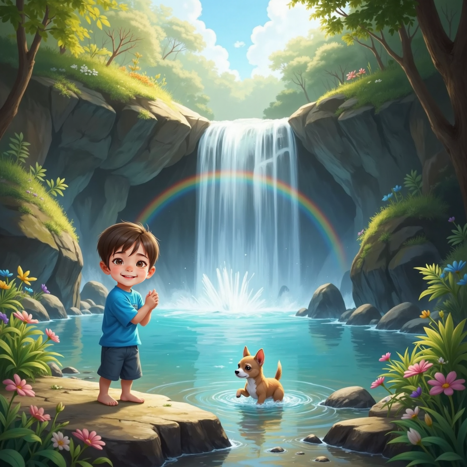 At the base of a roaring waterfall under bright midday sun, mist forms a vivid rainbow arch. Heinrich claps joyfully on a flat rock while Peanut hops in the shallow splash pool, droplets glittering.