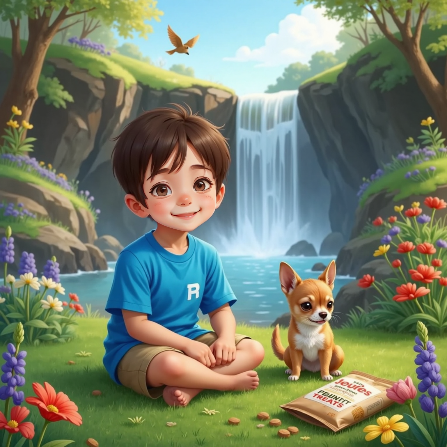 On a flower-carpeted bank near the waterfall, Heinrich sits cross-legged beside an open bag of peanut treats. Late afternoon sunlight filters through spray as Peanut munches happily, birds circling overhead.