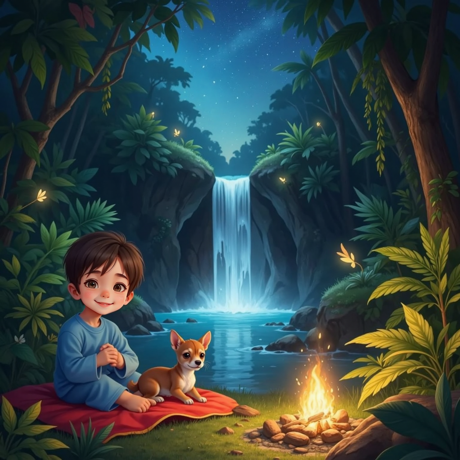 Under the starry jungle night beside the gently glowing waterfall, fireflies sparkle around a small campfire’s embers. Heinrich whispers in awe while Peanut curls into a sleepy ball on his blanket.