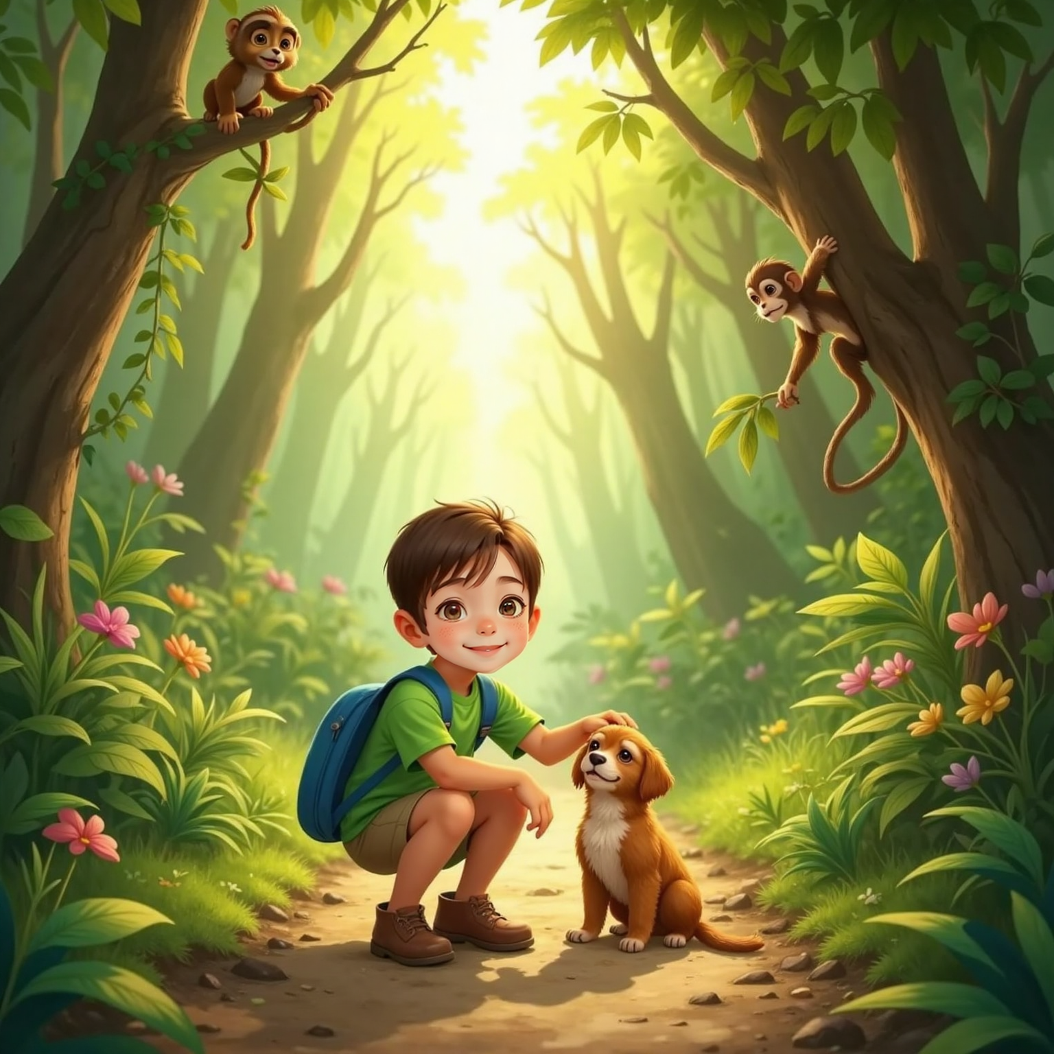 Morning light floods a broad jungle trail as Heinrich, backpack slung, kneels to pat Peanut’s head. Behind them, a curious monkey waves from a vine-draped branch while golden sunbeams guide the explorers homeward.
