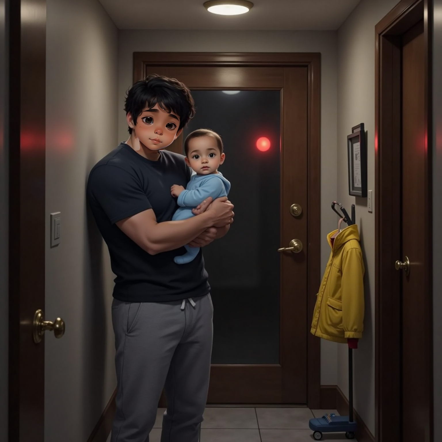In the dimly lit hallway by the front door at night, Daddy cradles Ryklyn while peering toward the closed door. Outside its frosted window, Satan’s glowing red eyes hover menacingly in the darkness.