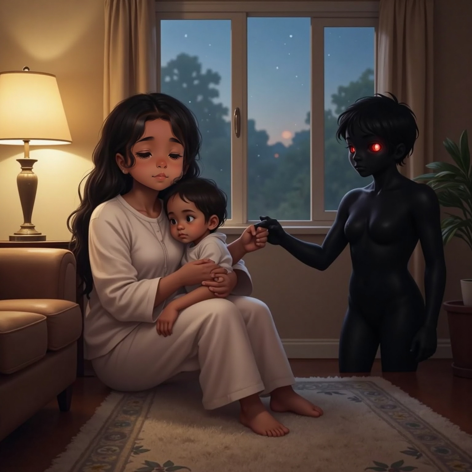 In the softly lit living room at dusk, Mummy clutches Ryklyn close while clasping Daddy’s outstretched hand. Across the carpet, Satan’s shadowy figure with red eyes recoils, shrinking toward the dark corner.