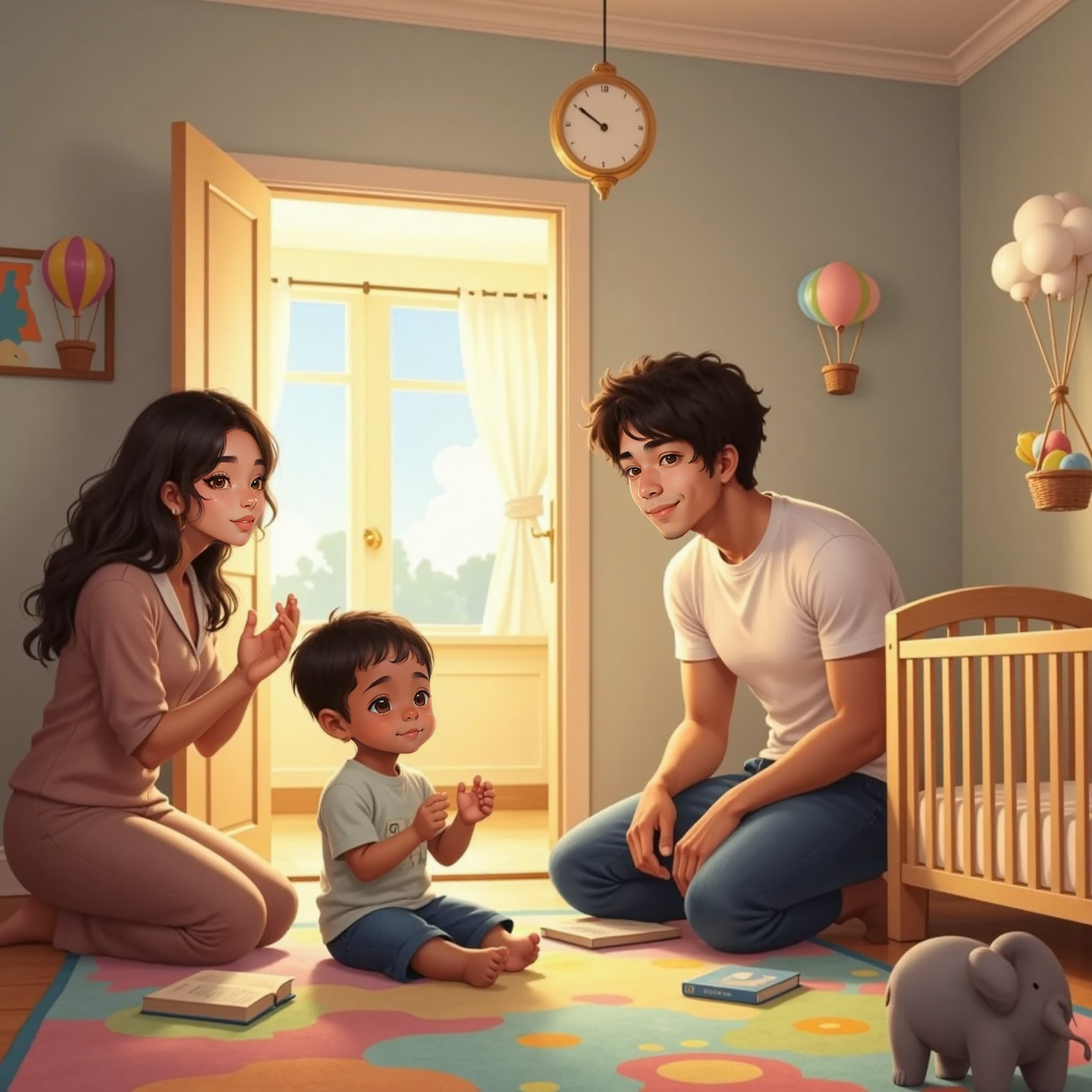 Inside the pastel-walled nursery under warm lamplight, Mummy extends a calming hand toward the doorway while smiling Daddy leans against the frame. On the colorful rug, Ryklyn sits clapping and cheering, celebrating the joyful instant.