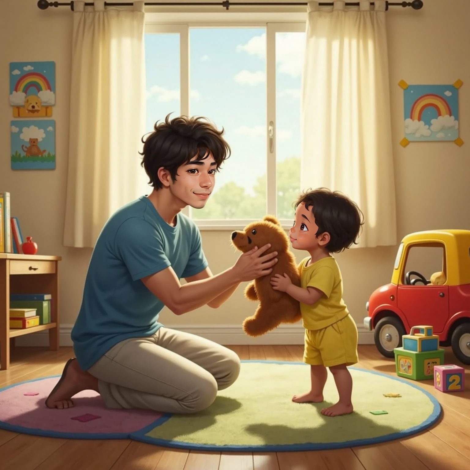 In the bright playroom afternoon light, Ryklyn stretches a plush teddy bear toward kneeling Daddy, who opens his arms for a hug. Behind them at the doorway, Satan’s translucent shadow with red eyes sighs in frustration.